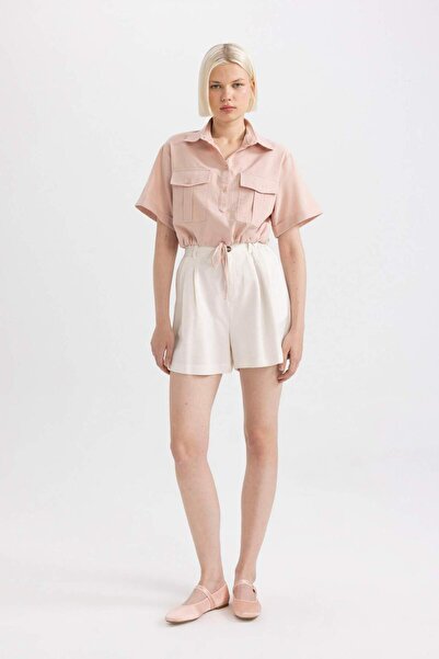 DeFacto Cropped Fit Gömlek Yaka Keten Karışımlı Kısa Kollu Bluz C6812AX24SM