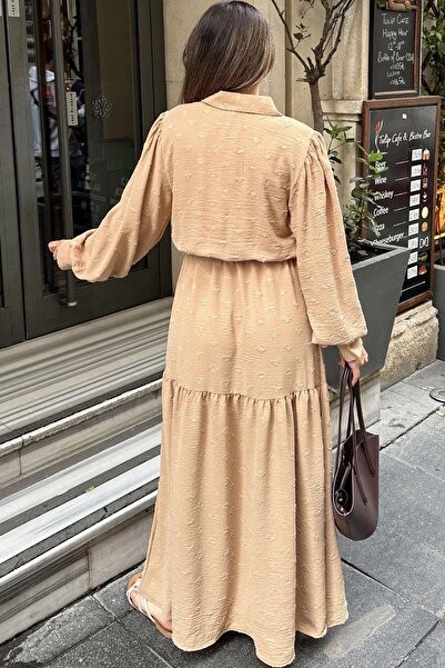 NEW LAVİVA Дамска рокля в цвят камила - с колан в талията, бухнали ръкави, А-линия, винтидж макси - подходяща за скромно облекло