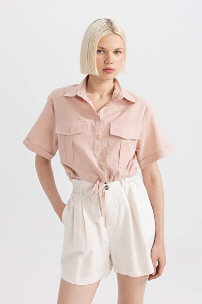 DeFacto Cropped Fit Gömlek Yaka Keten Karışımlı Kısa Kollu Bluz C6812AX24SM