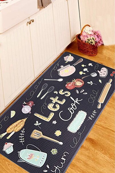Decomia Home Dijital Kaymaz Yıkanabilir Modern Kıtchen Mutfak Halısı Antrasit...
