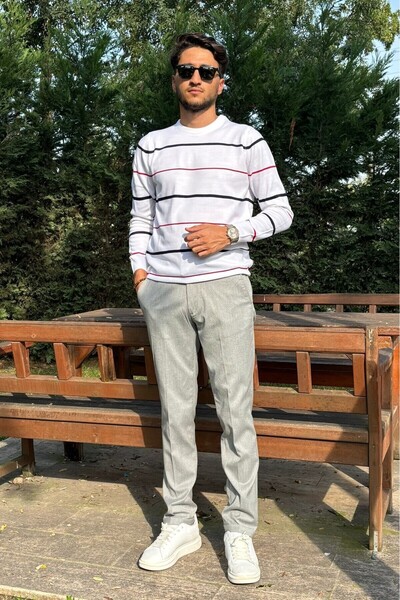 inpool Men's Crew Neck Knitwear Sweater - Stripe Detailed, Standard Fit, Old Money Culture 24Pltk04