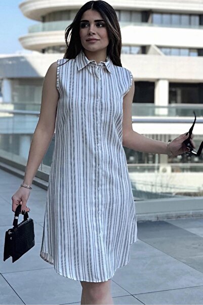 NEW LAVİVA Γυναικείο μπεζ ριγέ σχέδιο, εισαγόμενο ύφασμα, αμάνικο, άνετη εφαρμογή, φόρεμα μίντι πουκάμισο