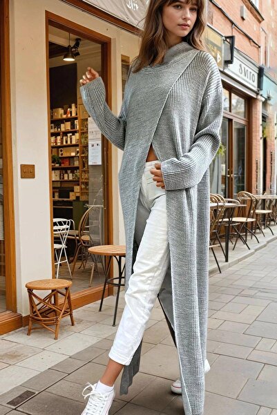 NEW LAVİVA Gray High Top, Cross Slit Detail, Loose and Long Poncho Knitwear Dress
