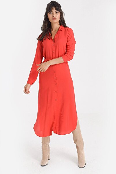 NEW LAVİVA Women's Red Belt Detailed Side Slit Long Sleeve Shirt Dress - Regular Fit, Standard Size