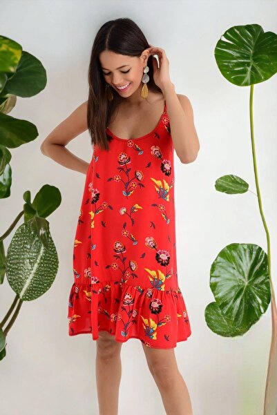 NEW LAVİVA Women's Red V Neck Floral Print Strap Sleeve Flounced A-Line Midi ...