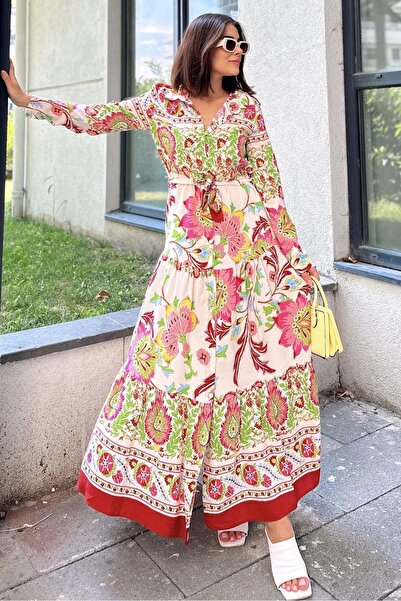 NEW LAVİVA Kadın Bordo Desenli Gömlek Yaka, Uzun Kol, Eteği Pliseli, Beli Kuş...