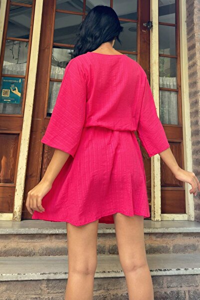 NEW LAVİVA Φούξια γιακά Λεπτομερές Φαρδύ Φόρεμα