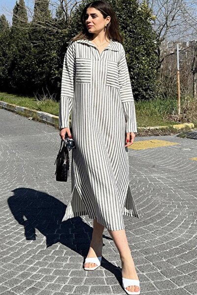 NEW LAVİVA Χακί ριγέ λινό φόρεμα - γιακάς πόλο, λεπτομέρεια με σχισμή, διπλές...