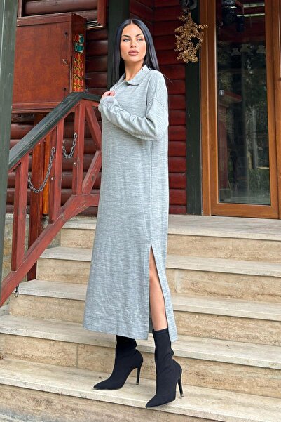NEW LAVİVA Gray Polo Neck, Long Sleeve, Slit, Loose, Acrylic Knitted Long Dress