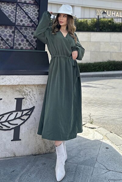 NEW LAVİVA Kadın Haki Kruvaze Yaka, Yırtmaçlı, Beli Kuşaklı, Kol Bilekleri Lastikli, Salaş, Uzun Elbise