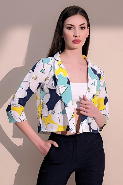 NEW LAVİVA Women's Yellow & Navy Stylish Patterned Poplin Crop Jacket
