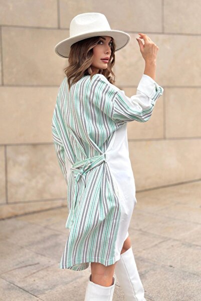 NEW LAVİVA Femei cu mâneci mentă și ecru îndoite, cu centură în talie, gât rotund, rochie largi