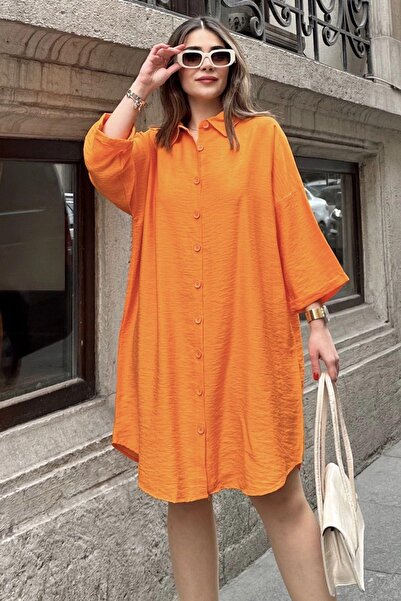 NEW LAVİVA Kadın Turuncu Katlamalı Yarım Kol, Eteği Oval Kesim, Midi Boy, Salaş Keten Gömlek Elbise