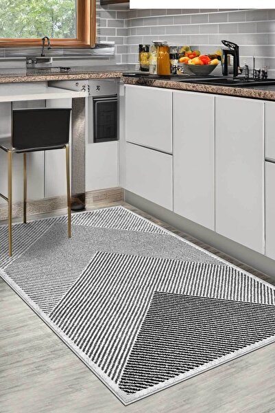 Decomia Home Dijital Yıkanabilir Kaymaz Gri Antrasit Çizgili Salon Halısı Mut...