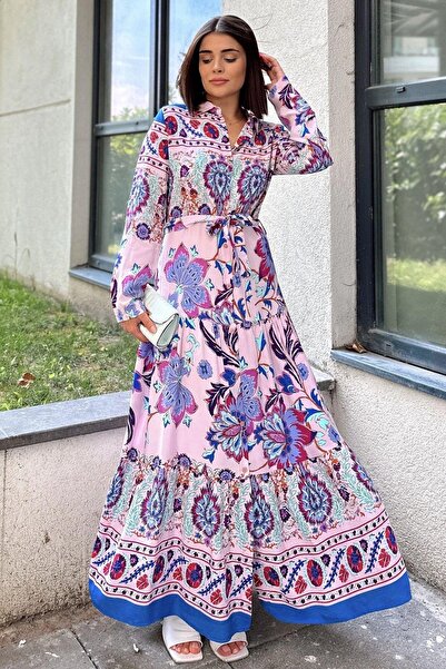 NEW LAVİVA Guler cămașă roz și albastru pentru femei, mânecă lungă, fustă plisată, cu centură în talie, croială lejeră, rochie lungă