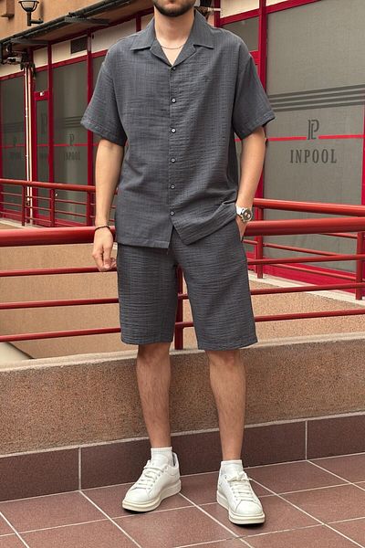 inpool Men'S, Seersucker, Summer, Loose Fit, Linen Blend, Shirt-Shorts Set 297-g13