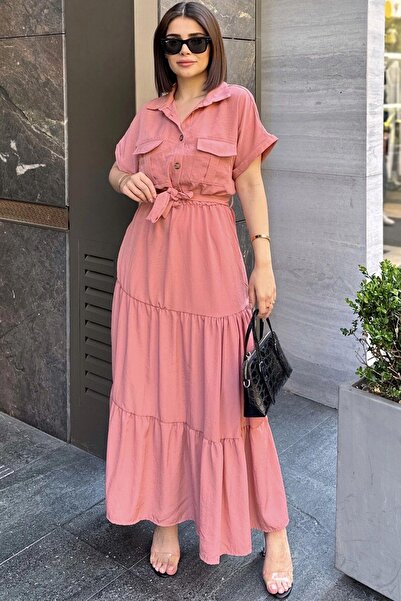 NEW LAVİVA Gül Kurusu Kısa Kol, Airobin Kumaş, Yarım Patlı, Kuşaklı, Eteği Pliseli, Cepli Maxi Uzun Elbise