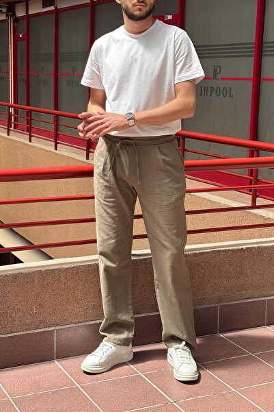 inpool Male, Elastic Waist, Wide Cut, Linen Webbing, Cotton, Pleated Pants 302