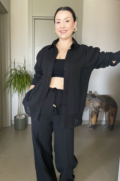 Butik Müslin Kumaş Dantel Detaylı Pamuklu Gömlek Pantolon Takım