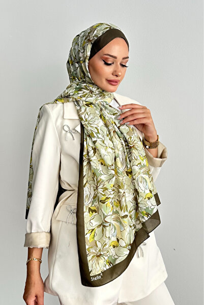 Stella Eşarp Lotus Flower Pattern Khaki Color Soft Cotton Shawl