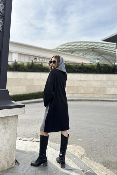 NEW LAVİVA Kadın Siyah Kapüşonlu, Ön Ve Arkası Farklı Renk, Kanguru Cepli, Salaş-Oversize Elbise