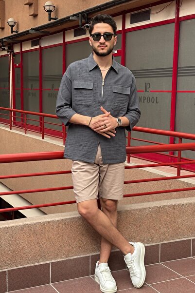 inpool Male, Half Metal Zipper, Shirt Collar, Linen Blend, Woven, Oversize Shirt G12