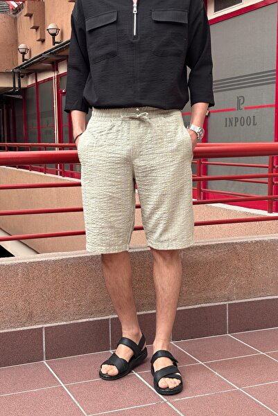 inpool Men's Elastic Waist Regular Fit Seersucker Texture Shorts-Bermuda 297