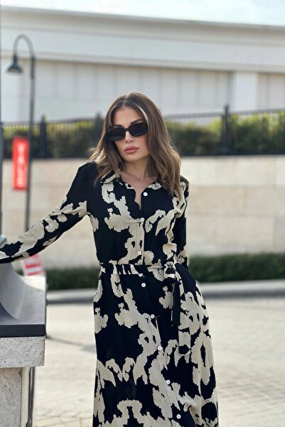 NEW LAVİVA Dámské černo-béžové dlouhé rukávy, s páskem, rozparkem, dlouhé košilové šaty z viskózy (úzký střih)