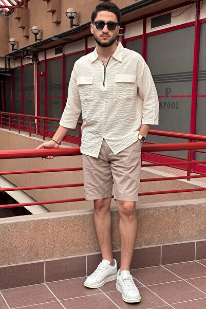 inpool Men's Linen Blended Oversize Shirt (G12) Half Metal Zipper