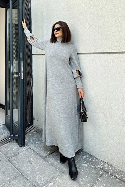 NEW LAVİVA Rochie de damă gri cu gât, manecă lungă și detaliu fereastră, linie A, largi, rochie lungă