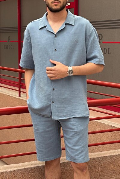 inpool Мъжка, отворена яка, голям размер, 100% памук, муселинов плат, риза с къс ръкав G14