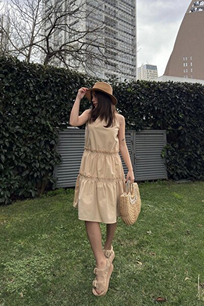 NEW LAVİVA Women's Beige Sleeveless, Halter Neck, Solid Color Pattern, A-Line Fit/Cut, Ruffle Midi Dress