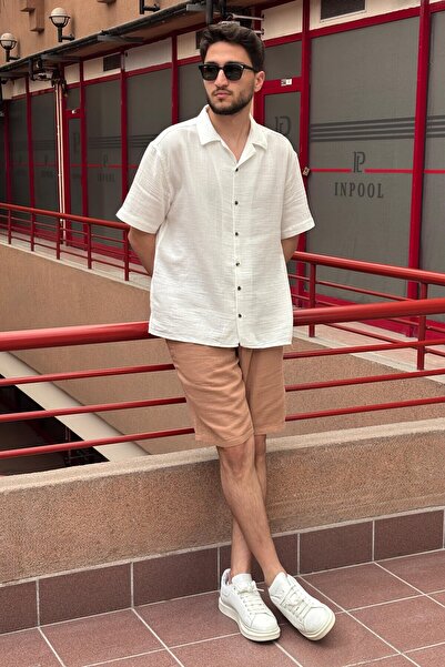 inpool Чоловіча сорочка з коміром-стійкою, оверсайз, 100% бавовна, муслінова тканина, короткі рукави G14