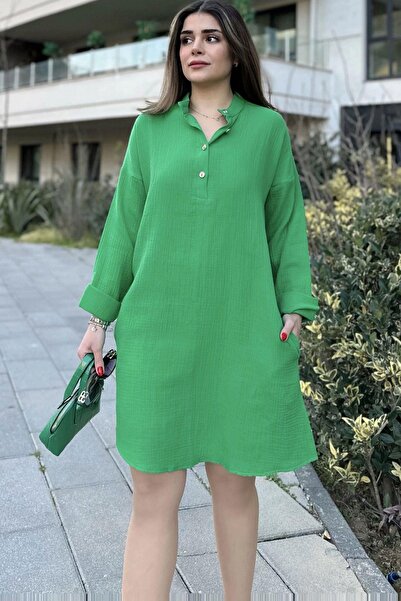 NEW LAVİVA Kadın Yeşil Hakim Yaka, Katlamalı Geniş Kol, Midi & Oversize Kesim...