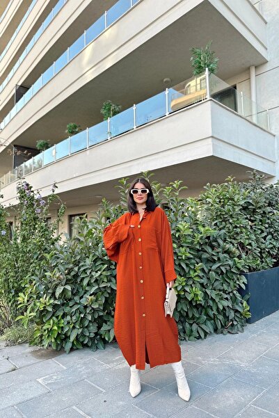 NEW LAVİVA Kadın Kiremit Yarasa Kol, Arkası Pliseli, Çift Cepli, Uzun Oversize Salaş Gömlek Elbise