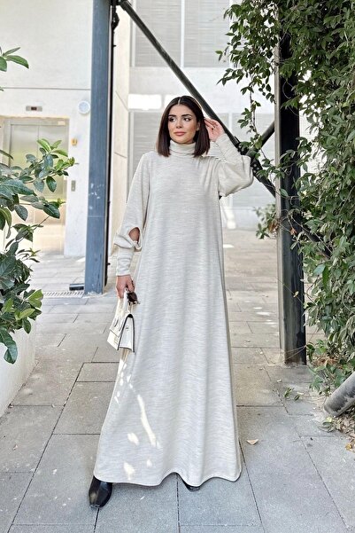 NEW LAVİVA Γυναικείο μπεζ λαιμόκοψη, μακριά μανίκια και λεπτομέρεια παραθύρου, γραμμή Α, φαρδύ, μακρύ φόρεμα