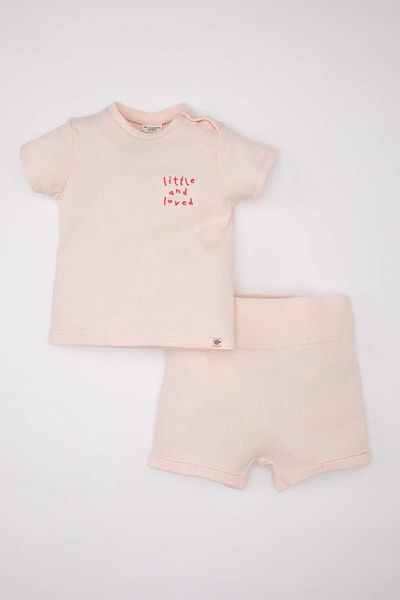 DeFacto Baby Girl 2 Piece Set Embroidered Waffle Short Sleeve T-Shirt Shorts C2552A524Sm