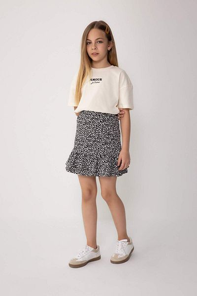 DeFacto Girls' 2-Piece Set Crew Neck Printed Short Sleeve T-Shirt Floral Skirt C5354A824Hs