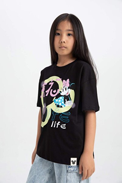 DeFacto Dívčí tričko Disney Mickey & Minnie Oversize Wide Fit Crew Krátký rukáv C5938A824SM