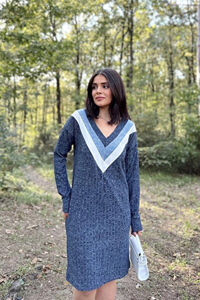 NEW LAVİVA Жіноче синє плаття з V-подібним вирізом, з принтом, базовий крій, довгі рукави, середньої довжини трикотажне плаття