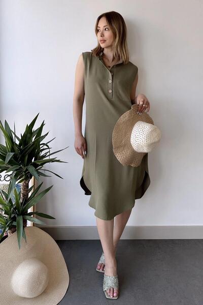 NEW LAVİVA Women's Khaki Sleeveless, Stand Collar, Solid Color Pattern, Single Pocket, A-line Cut, Button Detailed Midi Dress