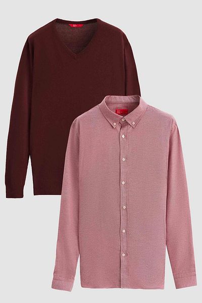 D'S Damat Πλεκτό και πουκάμισο Ds Damat Slim Fit Claret Red Cotton Blended 2 τεμαχίων με λαιμόκοψη