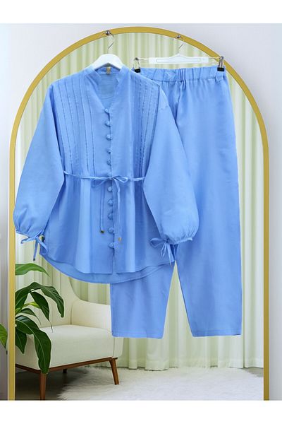 Modamorfo Lapel Lace-Up Buttoned V-Neck Tunic Trousers Set -Baby Blue