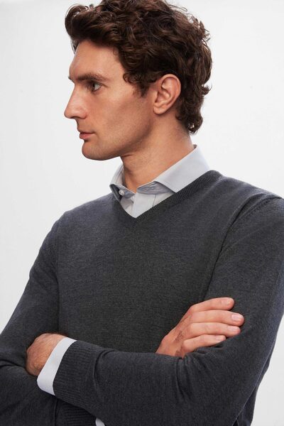 D'S Damat Ds Damat Regular Fit Anthracite Plain V-Neck Sweater