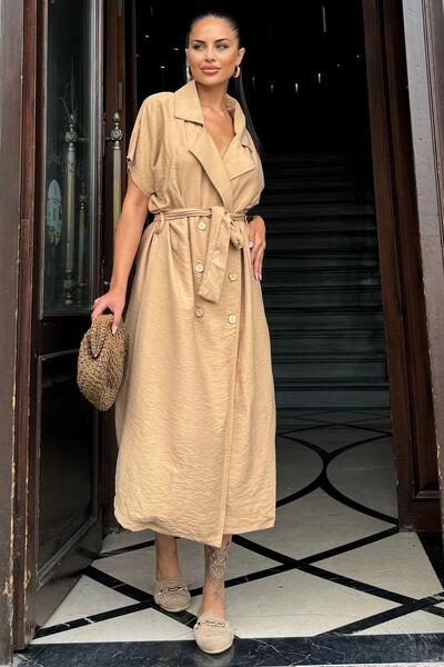 NEW LAVİVA Μπεζ λινό μίντι φόρεμα - Διπλός γιακάς, κοντό μανίκι, λεπτομέρεια ζώνης, χαλαρή εφαρμογή