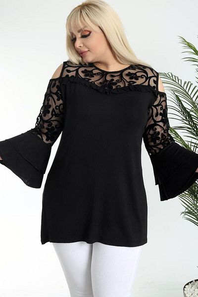 Kheos Black Flounce Sleeve Shoulder Low-cut Flock Printed Tulle Detailed Plus Size Design Blouse