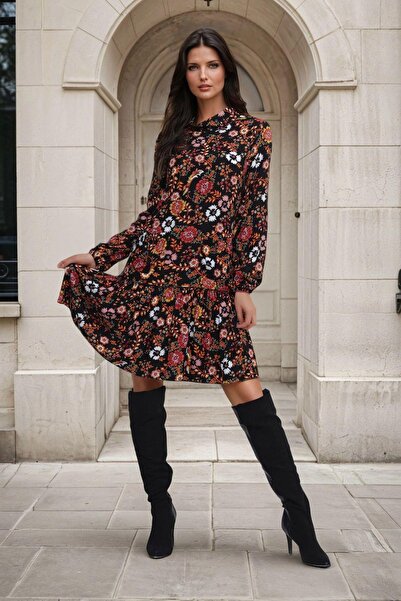 NEW LAVİVA Siyah Sarı, Çiçek Desenli, Dik Yaka, Uzun Kollu Elbise