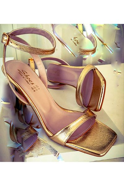disruptor world Women's Heeled Ankle Strap Gold Shiny Look Stylish and Elegant Thin Heeled Shoes