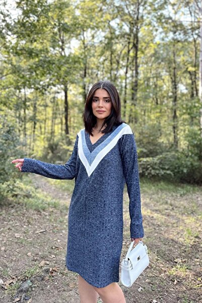 NEW LAVİVA Жіноче синє плаття з V-подібним вирізом, з принтом, базовий крій, довгі рукави, середньої довжини трикотажне плаття