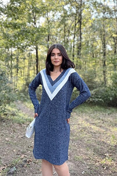 NEW LAVİVA Жіноче синє плаття з V-подібним вирізом, з принтом, базовий крій, довгі рукави, середньої довжини трикотажне плаття